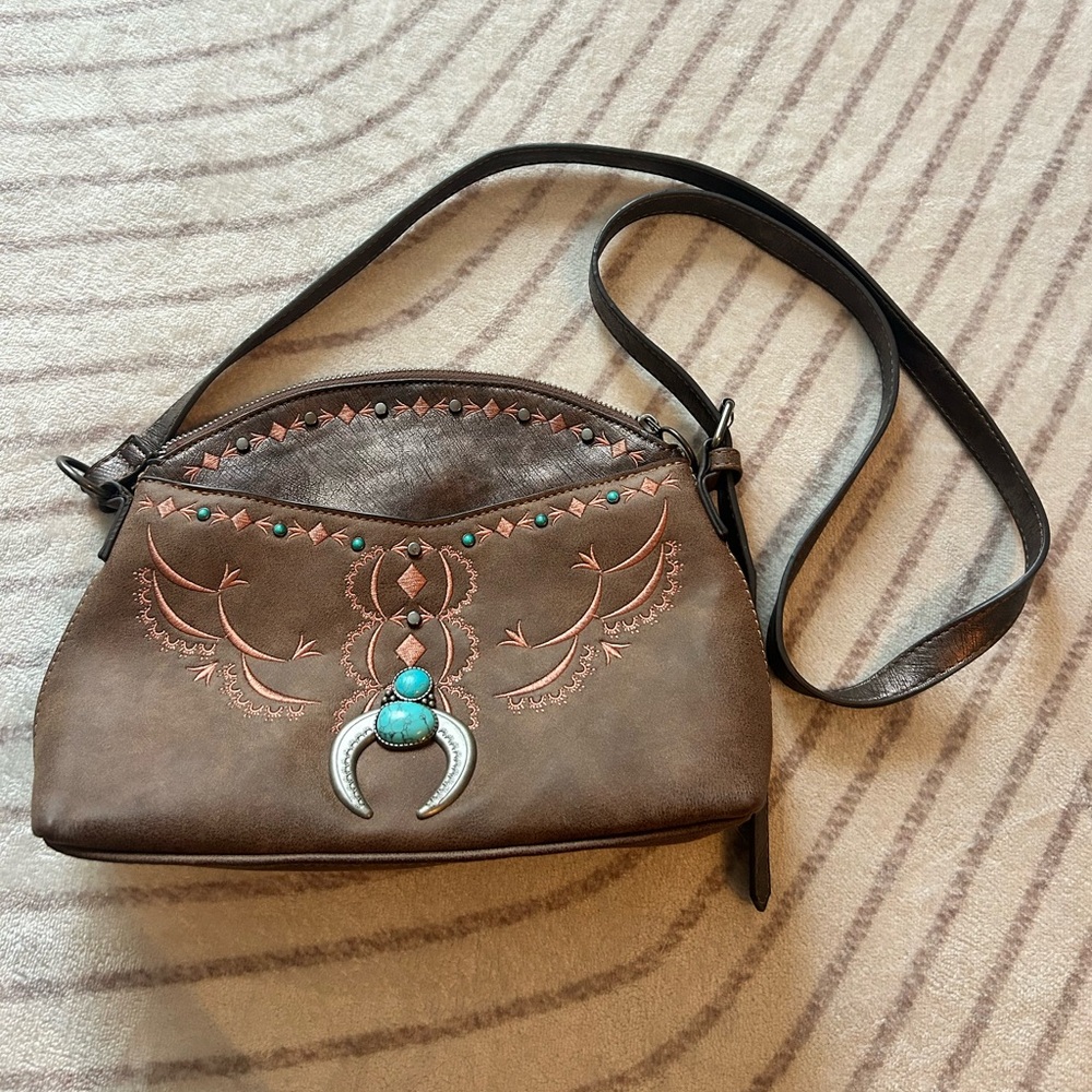 Brown Leather Boho Western Crossbody Bag with Turquoise Accent